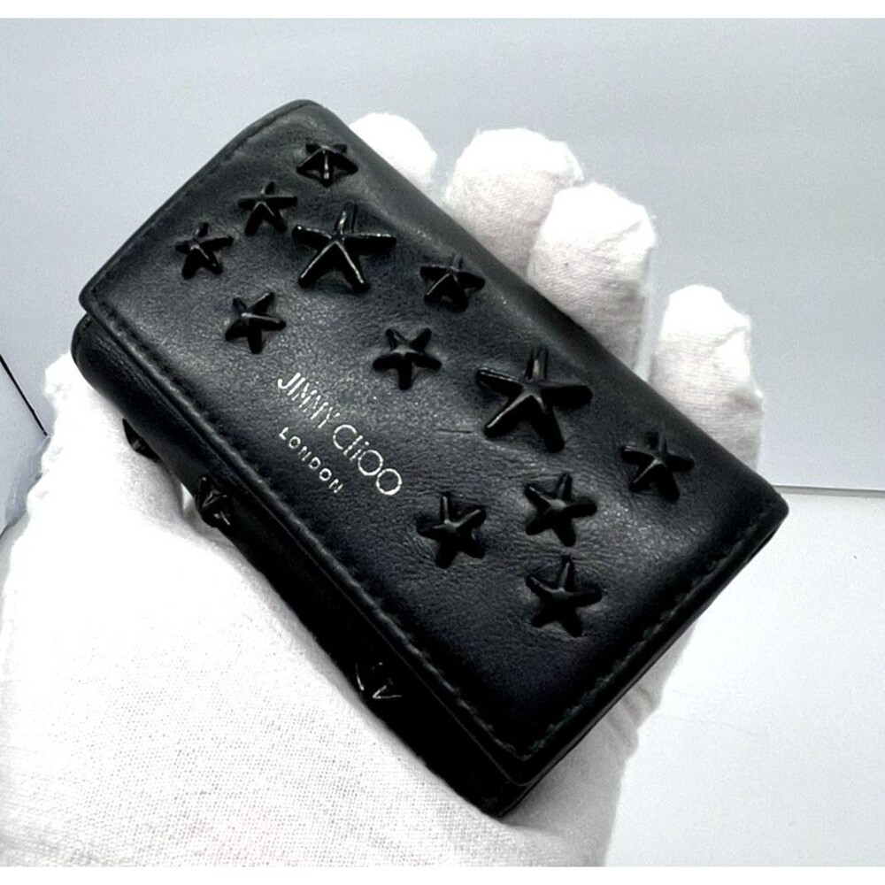 Jimmy Choo DEPOS Star Studded Black Leather 3 Ring Key Case w pocket 9BM0212